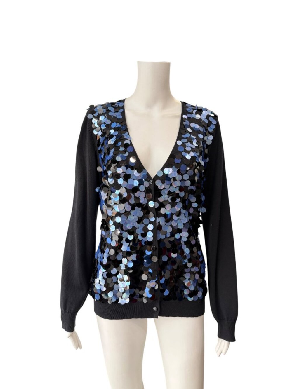 $395 NWT St. John Black Blue Sequin Caviar Multi Cardigan Sweater size Small